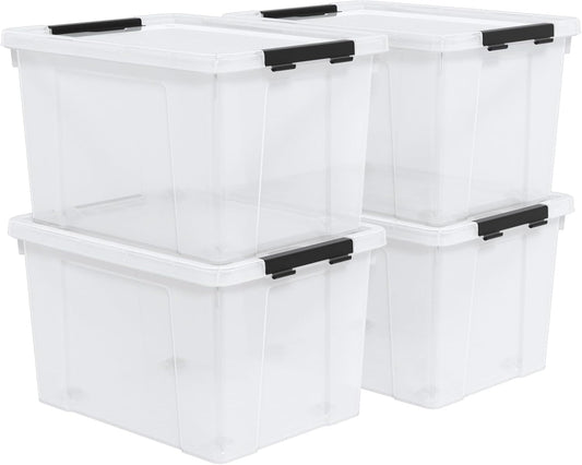 Set of 4 50 L Stackable Plastic Storage Container with Latching Lids and Wheels, Clear Home Garage Organization Bins Box, See-Through