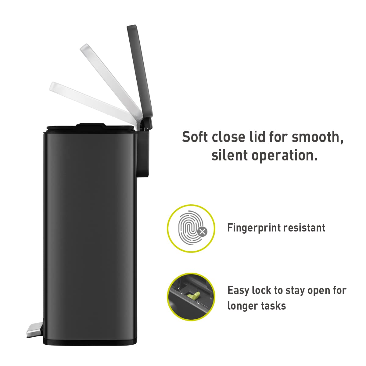 EKO Madison Matte Black 50 Liter/13.2 Gallon Step Trash Can with Inner Liner - Fingerprint Resistant Finish