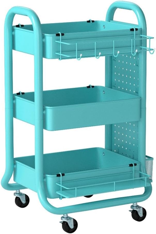 DESIGNA 3-Tier Utility Storage Rolling Cart with Removable Pegboard & Extra Storage Baskets Hooks, Metal Craft Art Carts for Gift Home Office, Teal