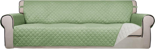 PureFit Reversible Quilted Sofa Cover, Water Resistant Slipcover Furniture Protector, Washable Couch Cover with Non Slip and Elastic Straps for Kids, Dogs, Pets (4 Seater Sofa, Sage Green/Ivory)