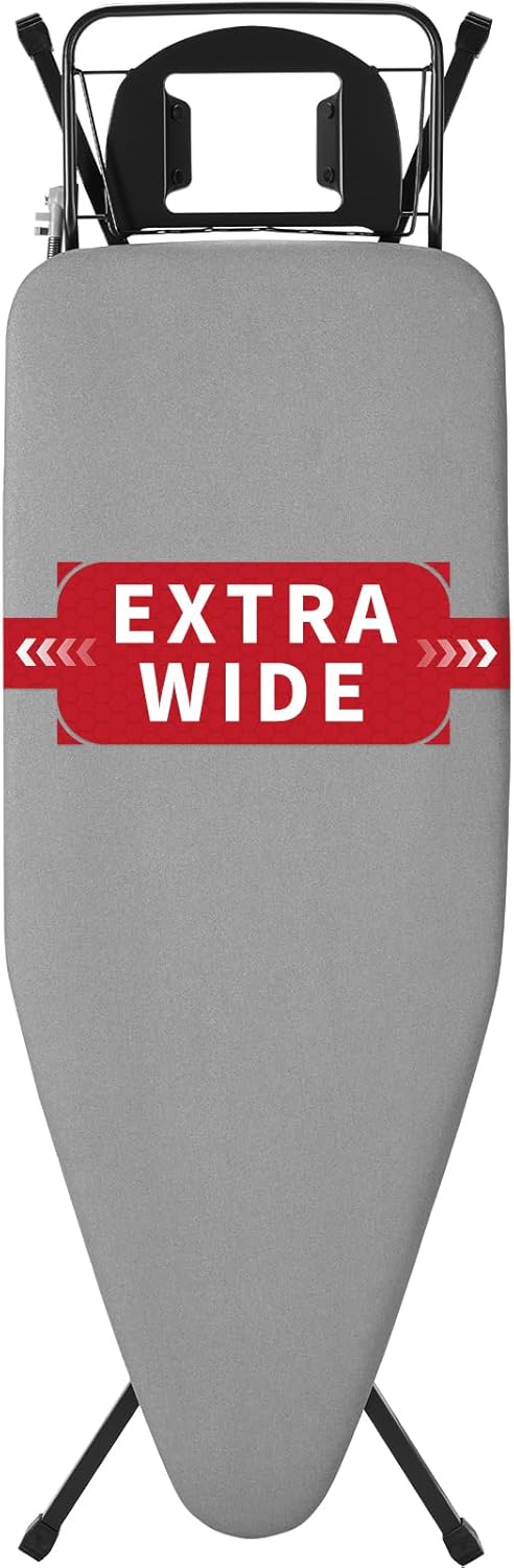 Extra Wide Full Size Ironing Board 57" L X18 W, Multifunctional Sturdy Ironing Board with Iron Rest, Foldable Adjustable Iron Board with Heat Resistant Cover, Enhanced Stability, Black Grey.