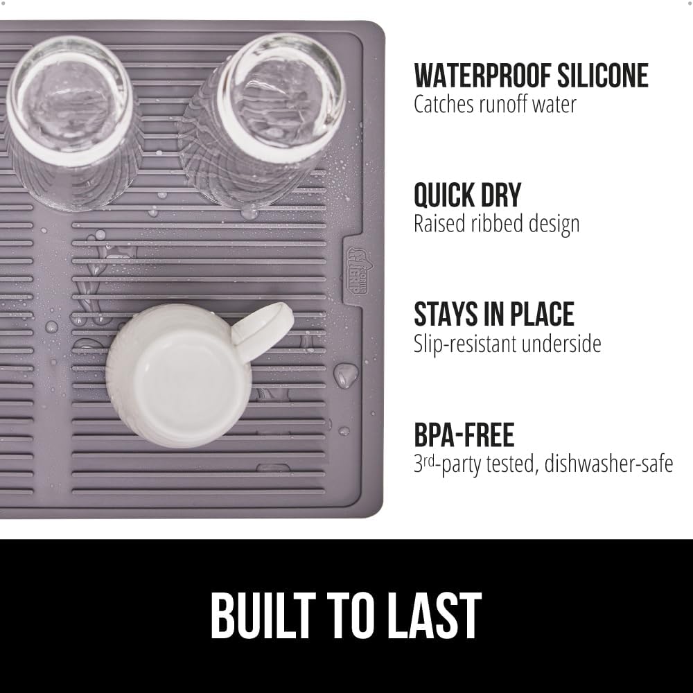 GORILLA GRIP 100% BPA-Free Patented Silicone Dish Drying Mat for Kitchen Counter, 18x16 Inch, Water Catching Ribbed Design, Easy Clean Waterproof Sink Liner, Heat Resistant, Fits Under Rack, Gray