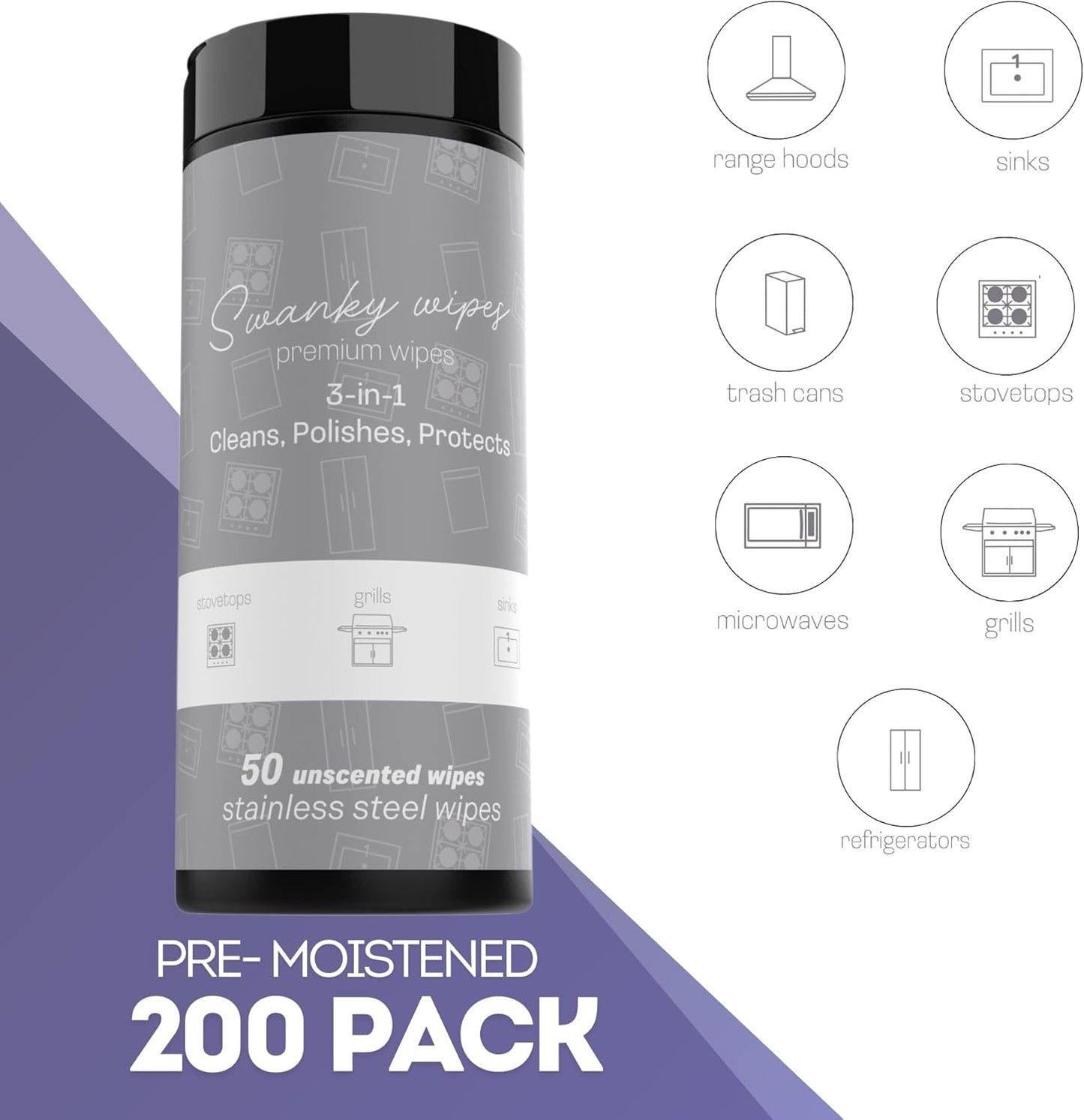 Swanky Stainless Steel Cleaner Wipes - Grime & Grease Remover Kitchen Cleaning Supplies - Clean & Shine, For Stove Top, Refrigerator, Sink, Oven, & Household Appliances - Canister, 200 Count