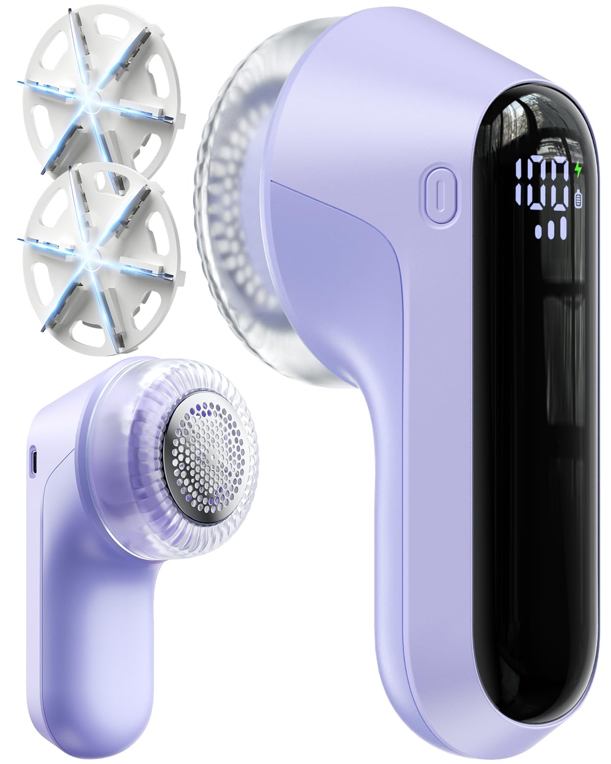 Fabric Shaver, Rechargeable Lint Shaver with Digital Display, Electric Portable Sweater Shaver with 6-Leaf Blades and Safety Lock, 3-Speeds Lint Remover to Remove Pilling for Clothes, Couch （Purple）