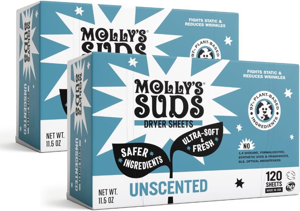 Molly's Suds Fabric Softener Dryer Sheets for Sensitive Skin | Plant-Based Static Reducer, Plastic-Free Packaging | Bundle of 2, Unscented (240 Sheets Total)