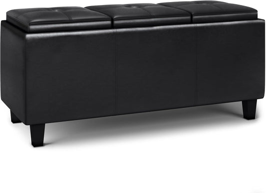 SIMPLIHOME Avalon 42 inch Wide Contemporary Rectangle Tray Storage Ottoman with Lift Up Lids in Midnight Black Vegan Faux Leather, Assembled, for the Living Room, Entryway and Family Room