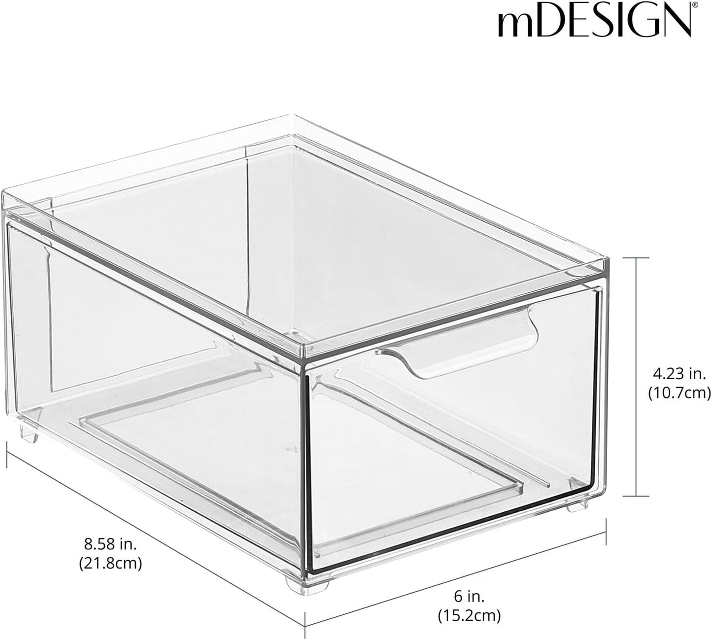 mDesign Stackable Storage Containers Box with Pull-Out Drawer - Stacking Plastic Drawers Bins for Kitchen Pantry and Cupboard, Cabinet, Counter, Island and Tables - Lumiere Collection - 4 Pack - Clear