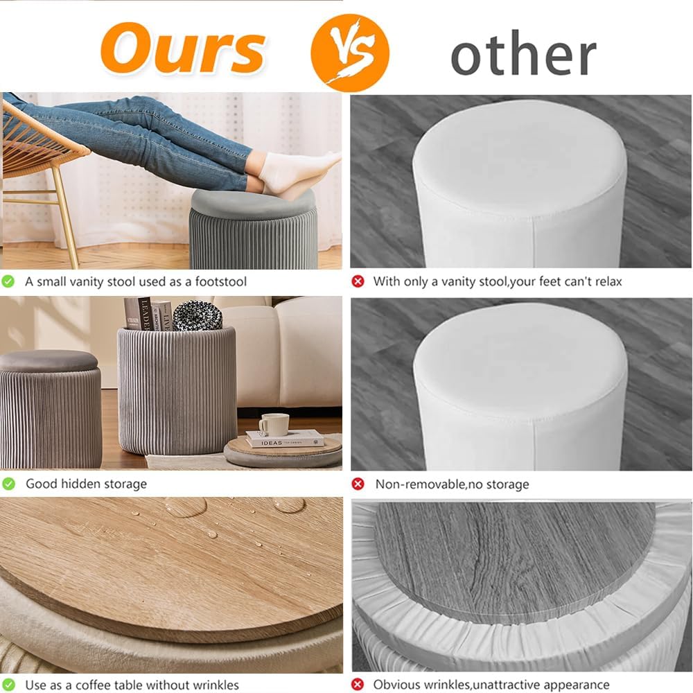 Round Set of 2 Ottoman with Storage-Upholstered Velvet Vanity Stool for Makeup Multifunctional Ottomans Coffee Table Padded Seat Foot Rest for Living Room&Bedroom (Ligth Grey)