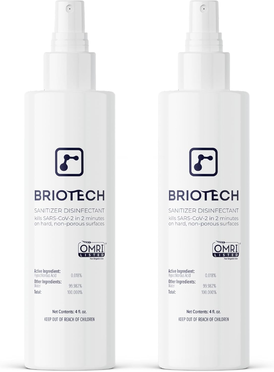 BRIOTECH Sanitizer Disinfectant Hypochlorous Spray, Kill 99.99% of Viruses & Bacteria, Control Mold, Eliminate Odor, Gentle for Nursery & Play Rooms, Food Contact Surface Sanitizer, 4 fl oz (2 Pack)