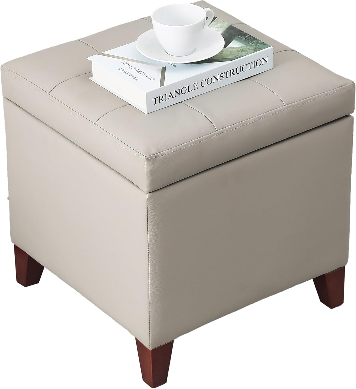 Adeco 18" PU Storage Ottoman, Upholstered Square Faux Leather Foot Rest - Flip Top Footstool with Sturdy Wood Legs, Small Cube Coffee Table Extra Seat for Living Room, Bedroom, Elephant Grey