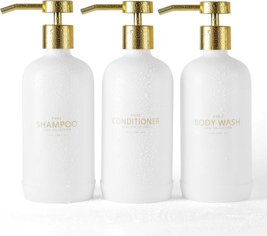 Shampoo and Conditioner Dispenser Set of 3,Refillable 20.5OZ Shampoo Bottles with Non-Slip Protective Silicone Pad,Shower Soap Dispenser with Waterproof Labels for Bathroom (White)