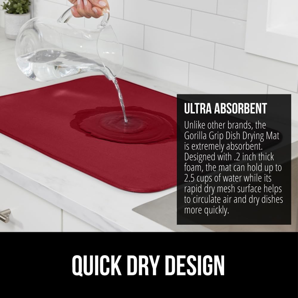 GORILLA GRIP Ultra Water Absorbent Microfiber Dish Drying Mat, 18x24, Quick Dry Thick Mesh, Slip Resistant Pad for Sink Dishes or Under Rack, Kitchen Counter Accessories, Machine Wash Mats, Red