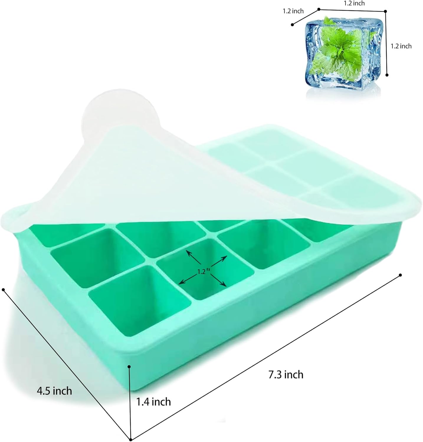 2 Pack Silicone Ice Cube Trays, Easy Release Flexible-15 Cubes Ice Cube Molds,Silicone Ice Cube Molds with Removable Lids for Cocktail, Whiskey, Baby Food, Chocolate-Reusable (Mint Green)