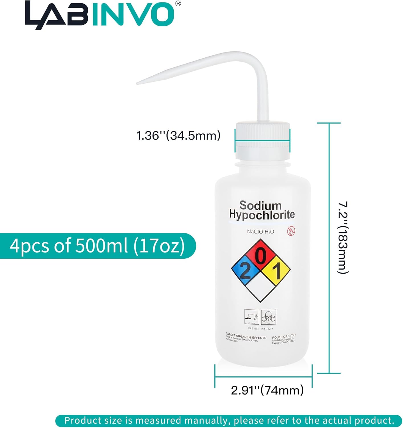 4pcs of Sodium Hypochloride Wash Bottles, Vol.500ml (17oz), Narrow Mouth, Self-Venting Safety Wash Bottles, LDPE Material, IN-WBS500