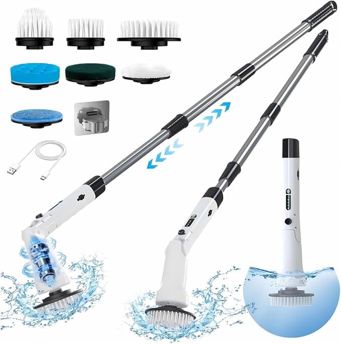 Electric Spin Scrubber, Hillyfe Bath Scrubber for Cleaning with 7 Replaceable Brush Heads, IPX7 Waterproof,300/400 RPM, 3 Adjustable Size,Cordless Shower Cleaner Brush for Bathroom Floor,White