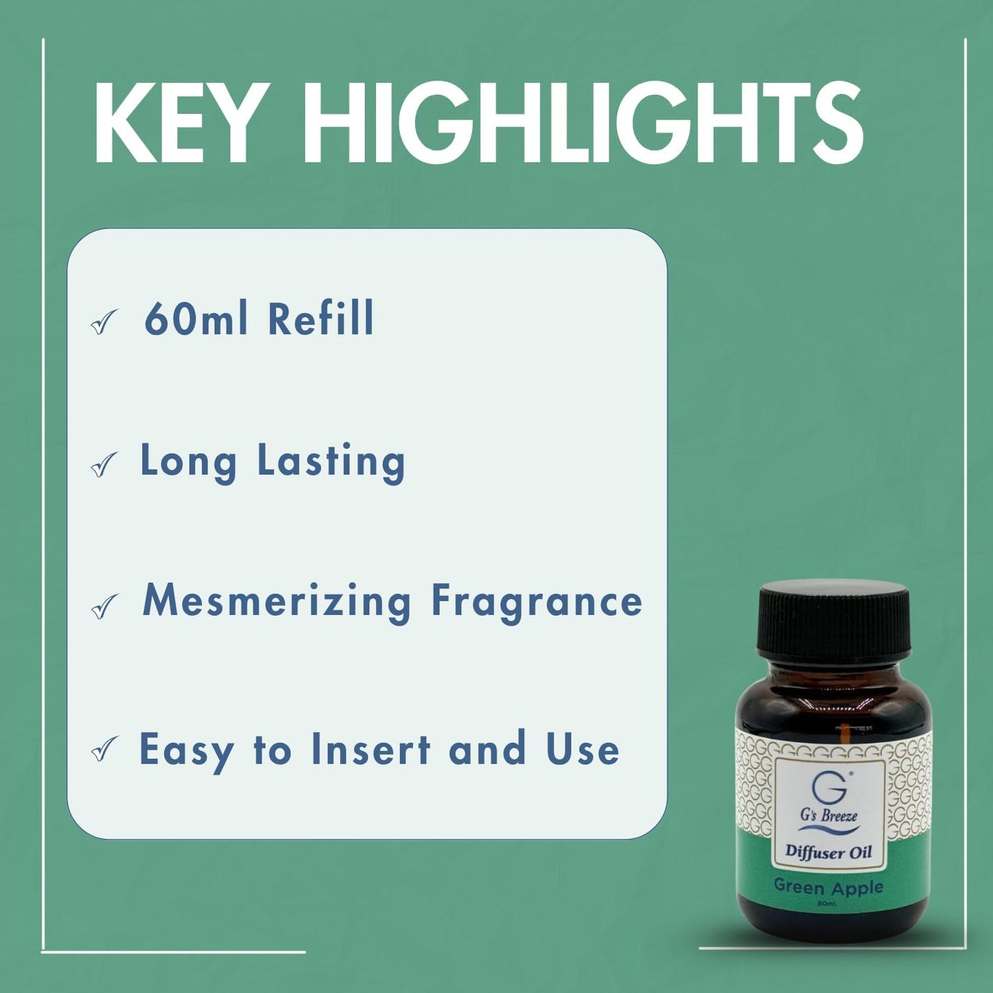 G's Breeze Green Apple Diffuser Oil Refill - Scent of Crisp Apple Fruit - Transform Any Space with Invigorating Fragrance – Ideal for Home & Office – Long-Lasting Freshness Aroma - 60 ML