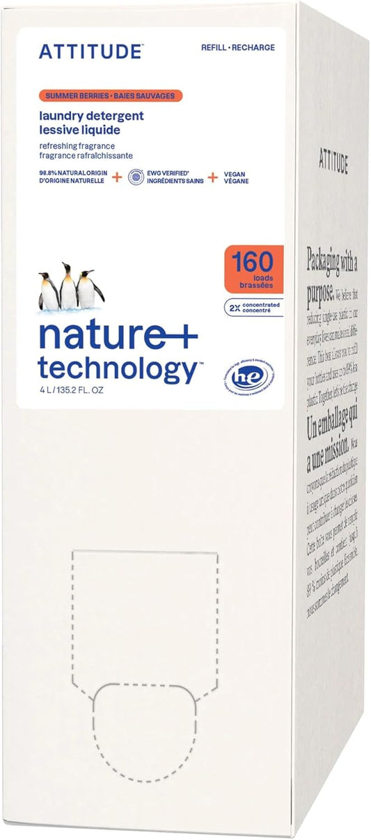 ATTITUDE Liquid Laundry Detergent Refill, EWG Verified, HE Compatible, Plant-Based & Vegan, Natural Laundry Soap, Summer Berries Scent, 160 Loads, 135.26 Fl Oz