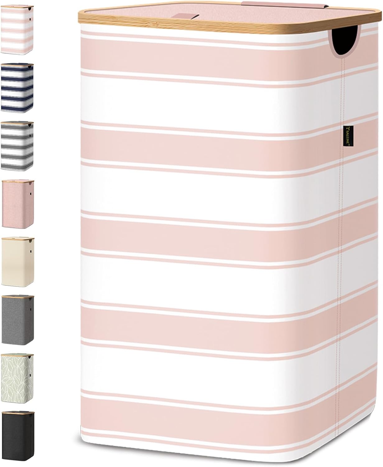 BALEINE Laundry Hamper with Lid, Tall Laundry Baskets with Bamboo Pull Handles, Large Laundry Bin with Internal Support (18 Gal/70L, Pink Stripe)