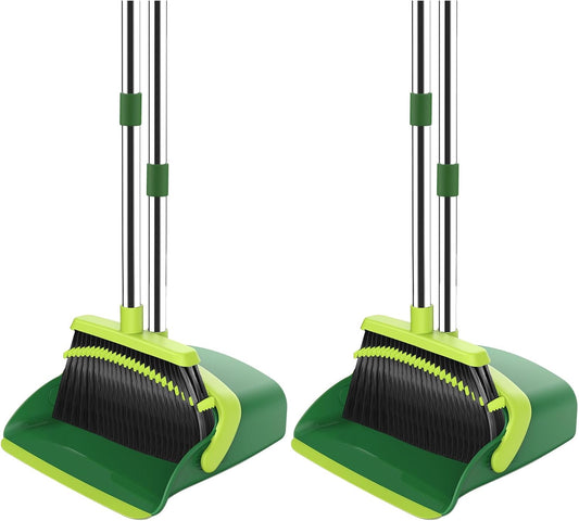 Broom and Dustpan Set, 52-in Long Adjustable Handle Broom Dustpan Combo with Dust pan Teeth to Automatically Clean Hair Suitable for Home Kitchen Office Hall Floor (Green), 2 Pack