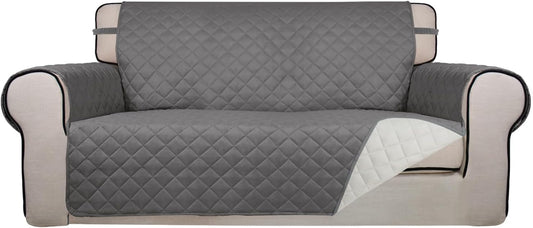 PureFit Reversible Quilted Sofa Cover, Water Resistant Slipcover Furniture Protector, Washable Couch Cover with Non Slip and Elastic Straps for Kids, Dogs, Pets (Oversized Loveseat, Gray/Ivory)