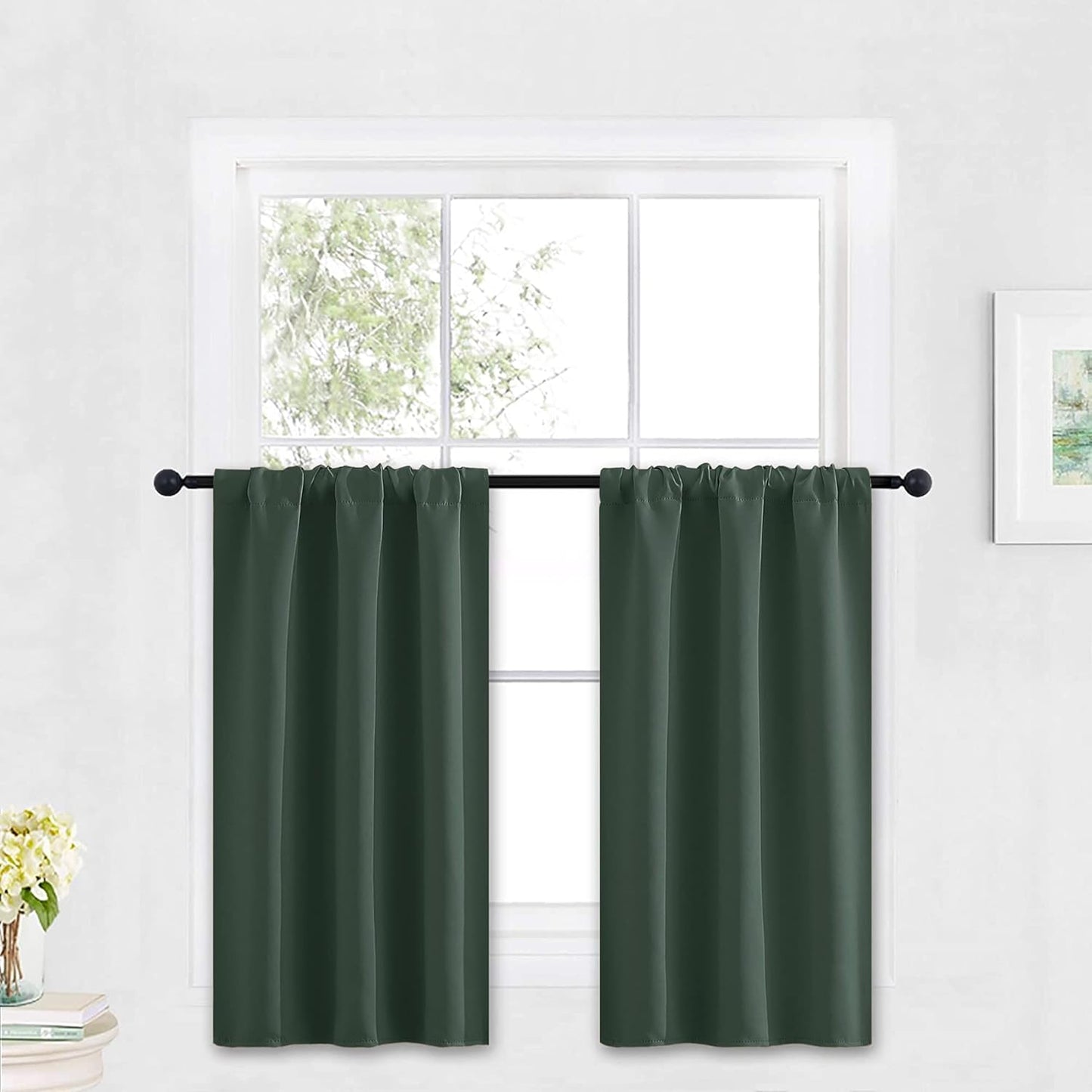 RYB HOME Bathroom Window Curtains - Super Soft Blackout Privacy Curtains for Baby Nursery Bedroom Basement Garege Workshop Kitchen Dining Living Room, W 29 x L 30, Dark Green, 2 Pcs