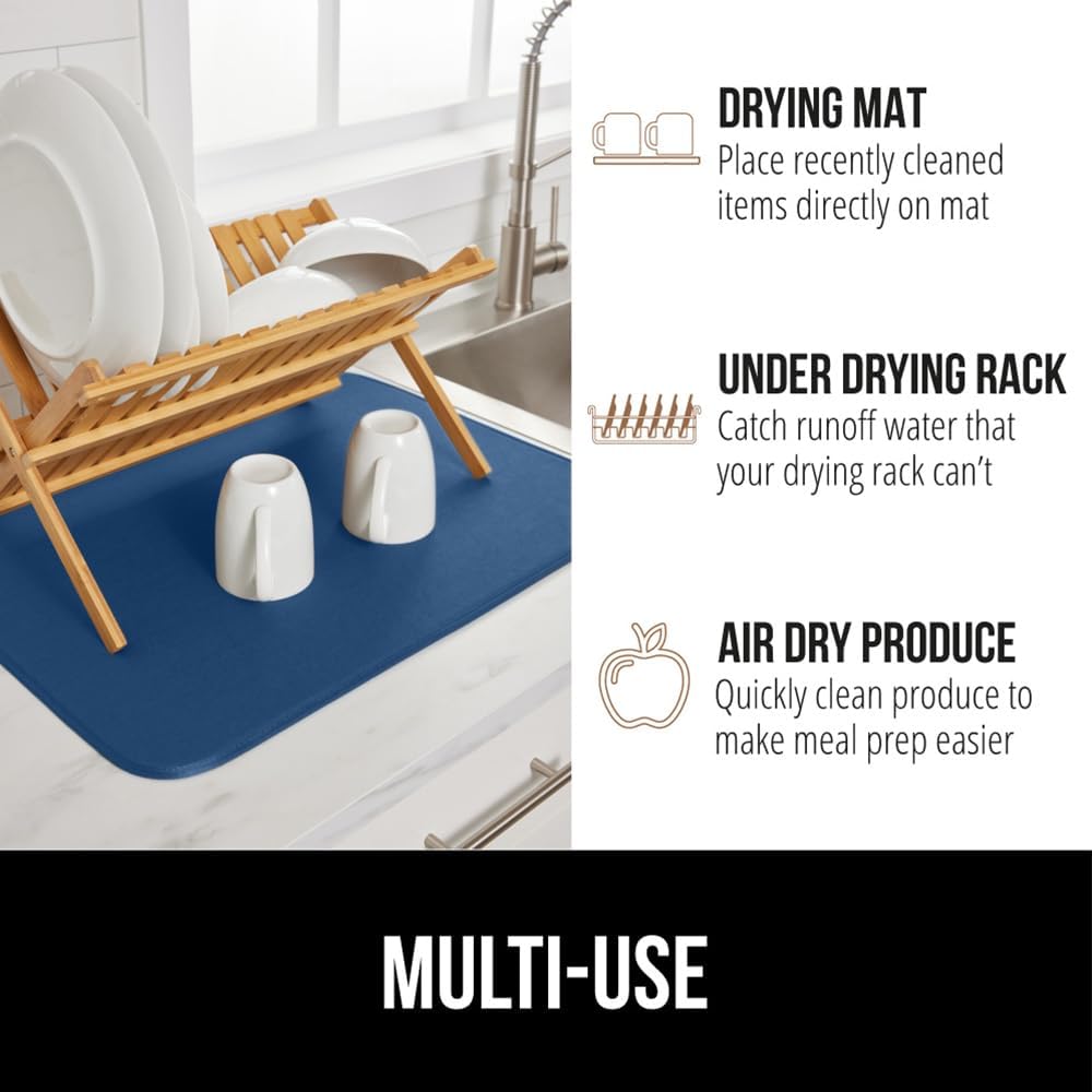 GORILLA GRIP Ultra Water Absorbent Microfiber Dish Drying Mat, Quick Dry Thick Mesh, Slip Resistant Pad for Sink Dishes or Under Rack, Kitchen Counter Accessories, 16x18, Machine Wash, 2 Pack Blue