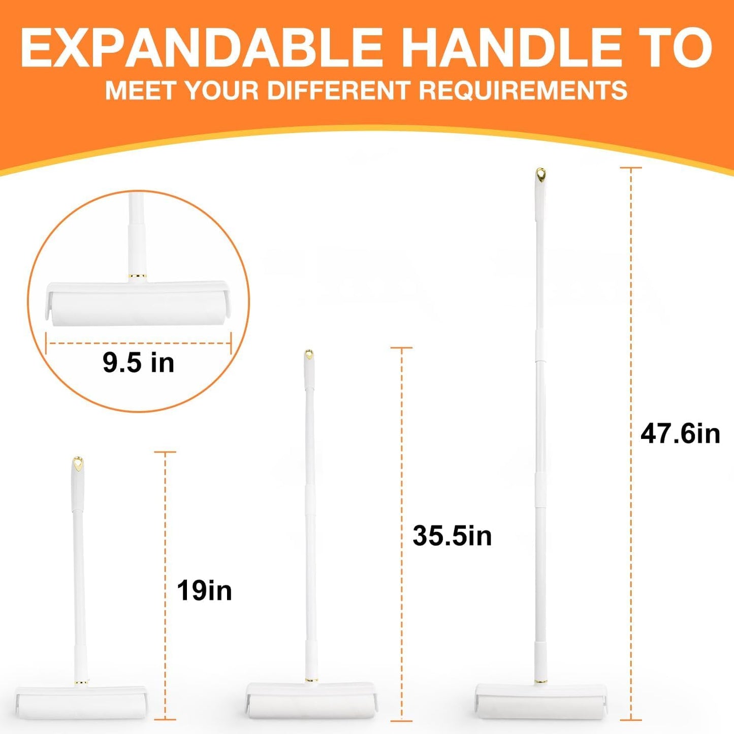 Large Lint Roller Pet Hair Remover 270 Adhesive Sheets Rollers 9.45 Extra Sticky Dog Cat Adjustable Handle 7.9-47.6 Inch, 3 Replaceable Rolls 90 Sheets Each, 3 Extension Rods for 4 Heights﻿