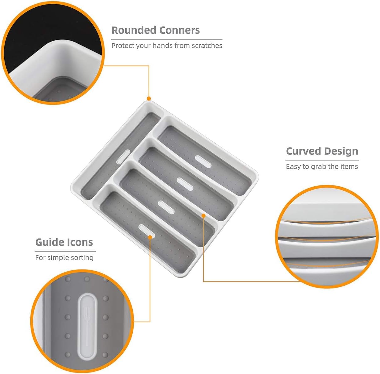 LeMuna Silverware Tray for Drawer, Plastic Cutlery Tray Kitchen Drawer Organizer, 5 Compartment Flatware Cutlery Organizer, Soft-Grip Lining and Non-Slip Rubber Feet