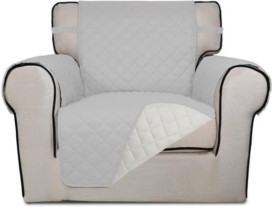 PureFit Reversible Quilted Sofa Cover, Water Resistant Slipcover Furniture Protector, Washable Couch Cover with Non Slip and Elastic Straps for Kids, Pets (Chair, Light Gray/Ivory)