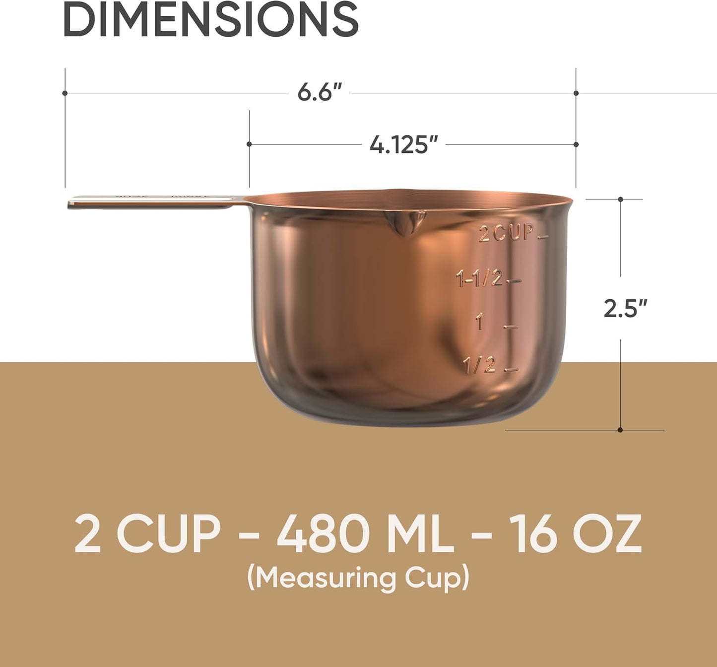 Color Up 2 Cup Measuring Cup, 480ml Copper Stainless Steel Metal Measuring Scoop, Easy-Pour Spouts, Engraved Markings, for Dry & Liquid Ingredients