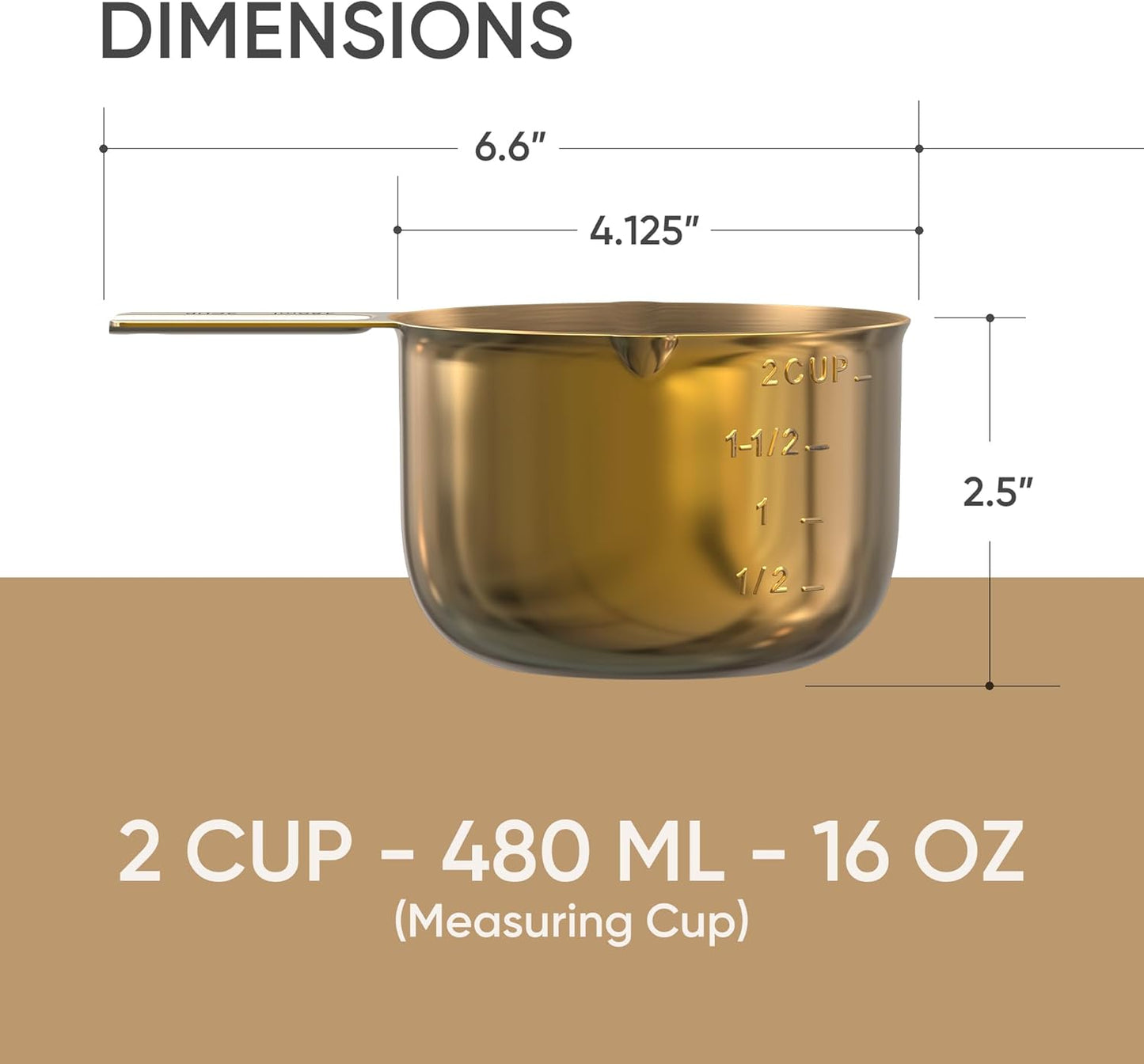 Color Up 2 Cup Measuring Cup, 480ml Gold Stainless Steel Metal Measuring Scoop, Easy-Pour Spouts, Engraved Markings, for Dry & Liquid Ingredients