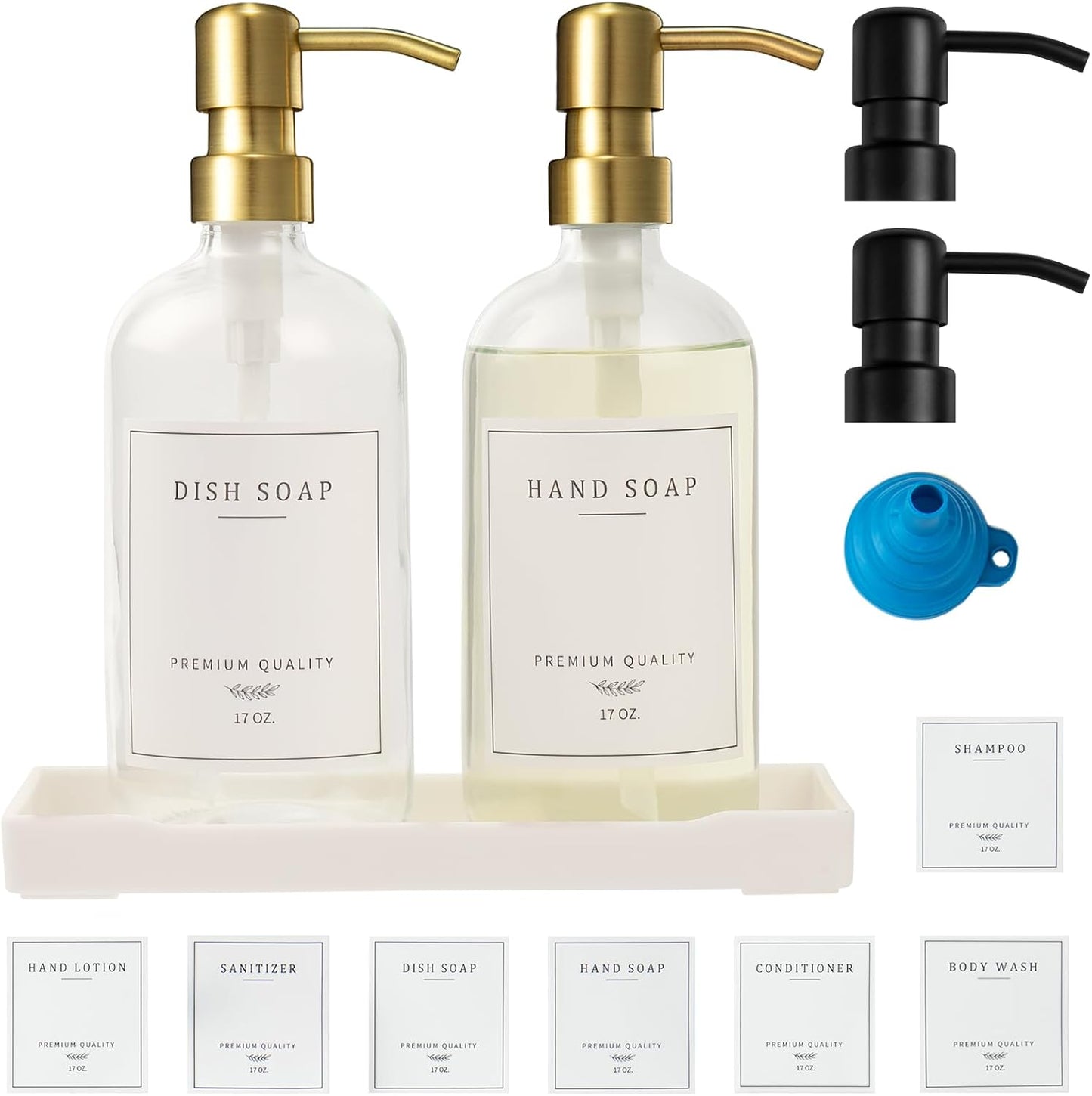 Glass Soap Dispenser for Kitchen Sink,Farmhouse Dish Soap Dispenser&Hand Soap Dispenser Set,Rustproof Pump Lotion Dispenser Bathroom with Tray,Waterproof Label for Kitchen Decor(Clear