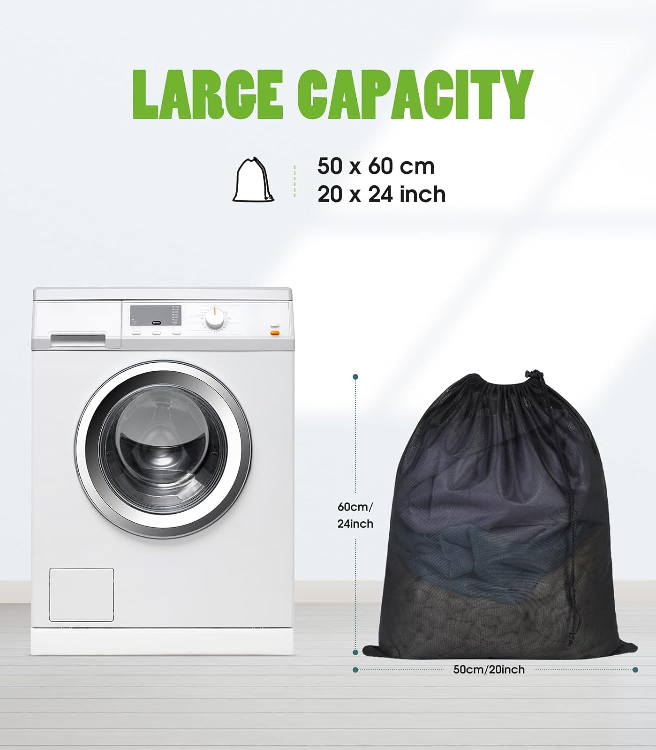OTraki 20x24 inch Mesh Laundry Bags 2 Pack Fine Mesh Heavy Duty Drawstring Bag Washable Medium Toy Sack Washing Bag for Home Dorm Hotel Camp Beach Travel Storage Black