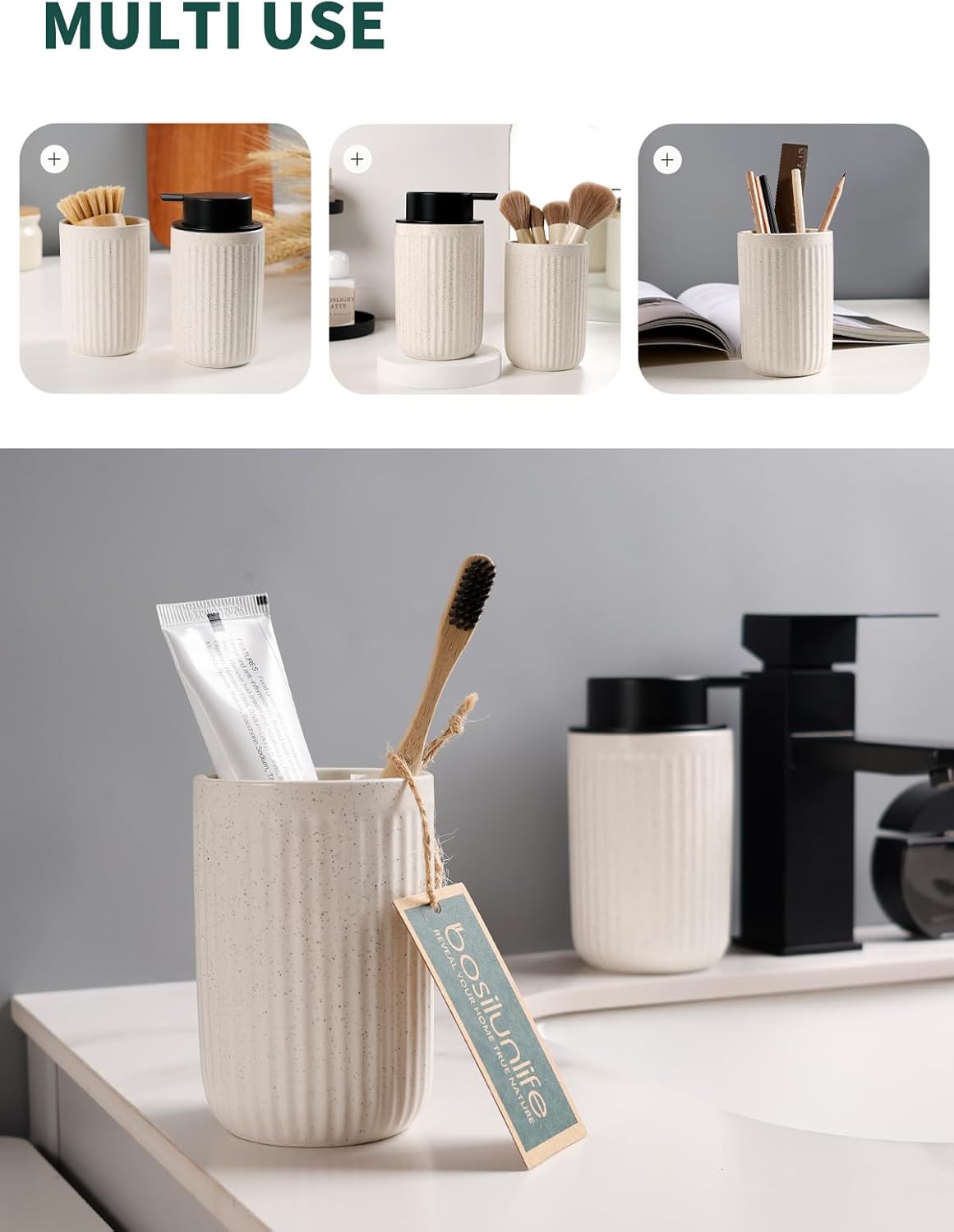 Bosilunlife Soap Dispenser and Toothbrush Holder Set - Dish Hand Soap Dispenser Bathroom Set Ceramic Bathroom Counter Soap Toothbrush Holder Set Beige Bathroom Accessories Set