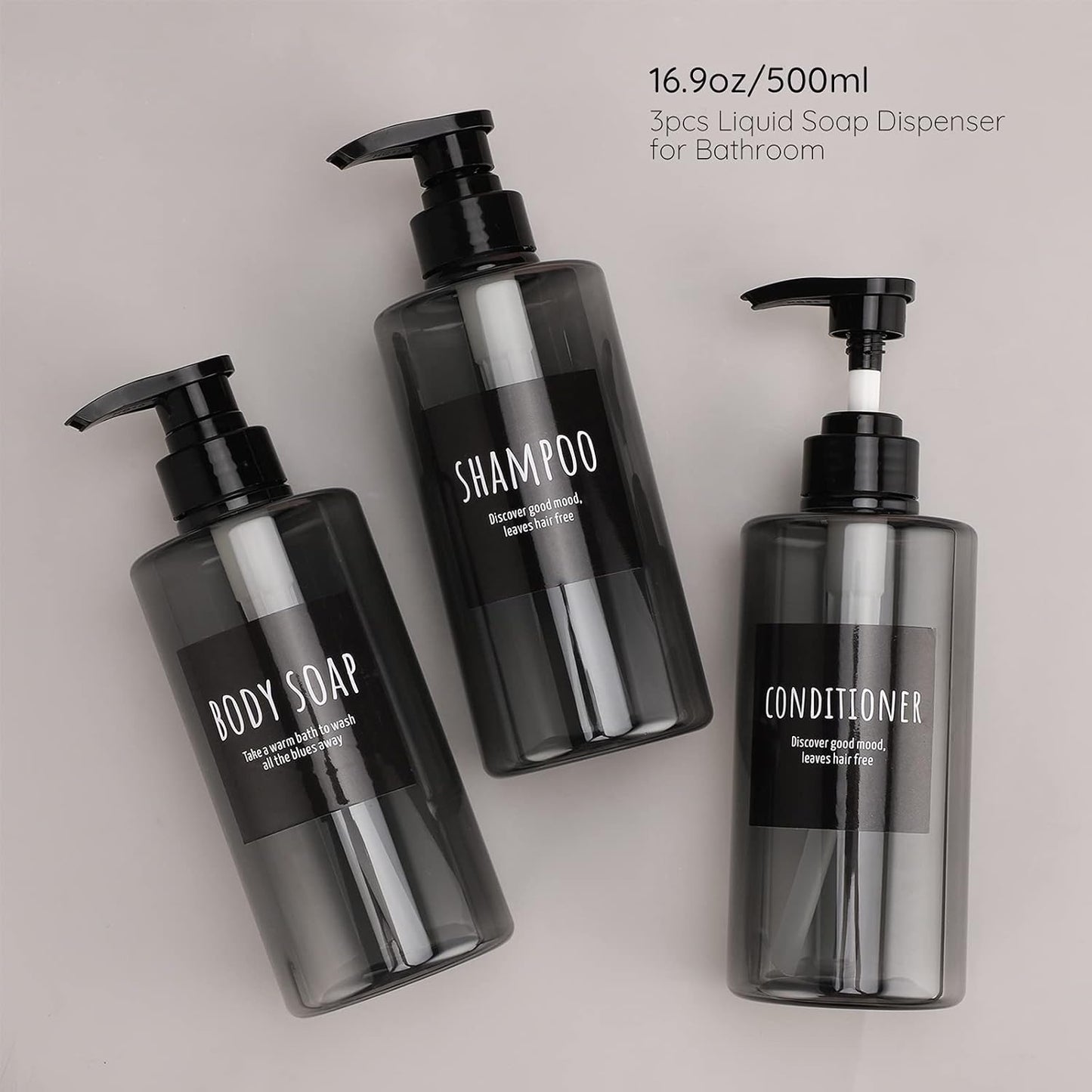 Refillable Shampoo Bottles, Segbeauty 16.9oz Shampoo Dispenser, 3pcs 500ml Empty Plastic Pump Bottle for Shower, Labeled Grey Large PET Lotion Dispenser with Pump Body Soap Conditioner Hotel Bathroom