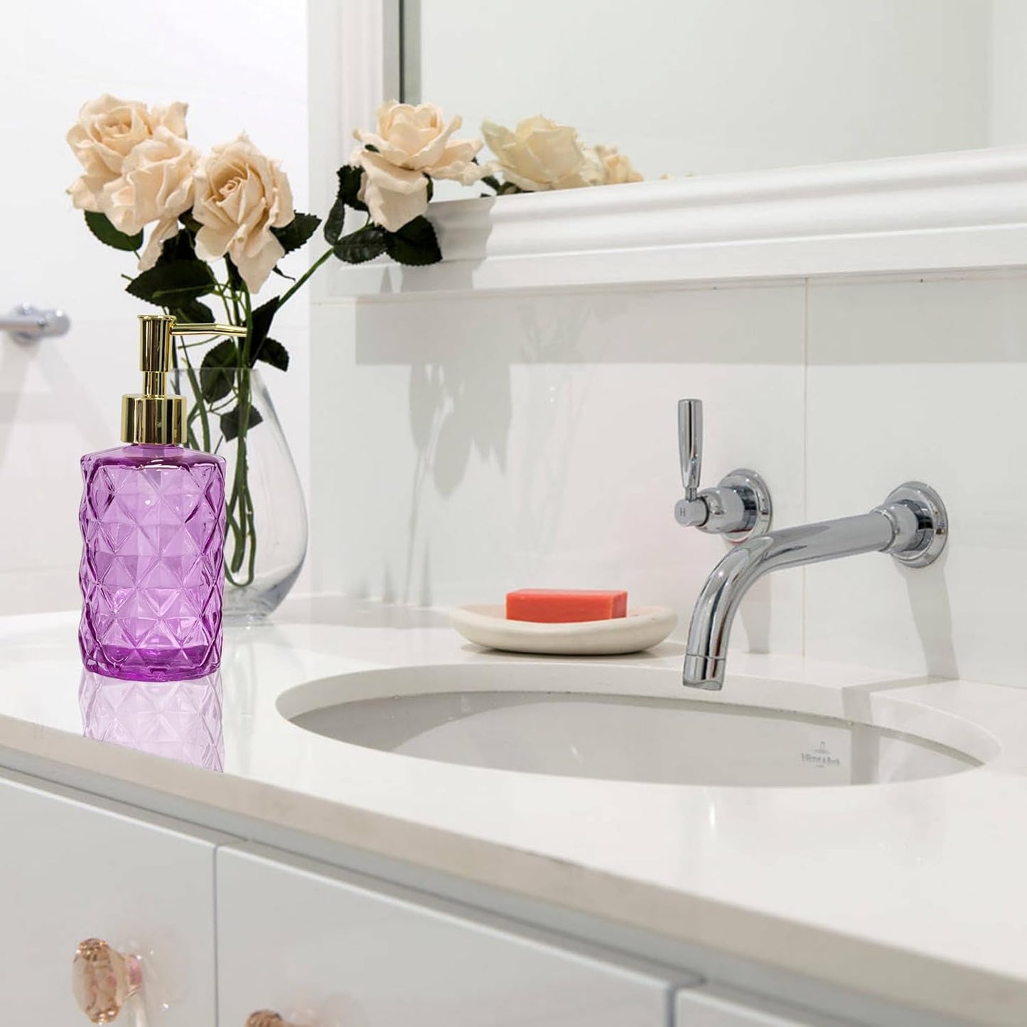 Glass Soap Dispenser with Gold Plastic Pump, 12oz Refillable Liquid Hand Soap Dispenser, Crystal Lotion Bottle for Modern Home Decor, Bathroom, Kitchen Countertop, Hotel(Rosy)