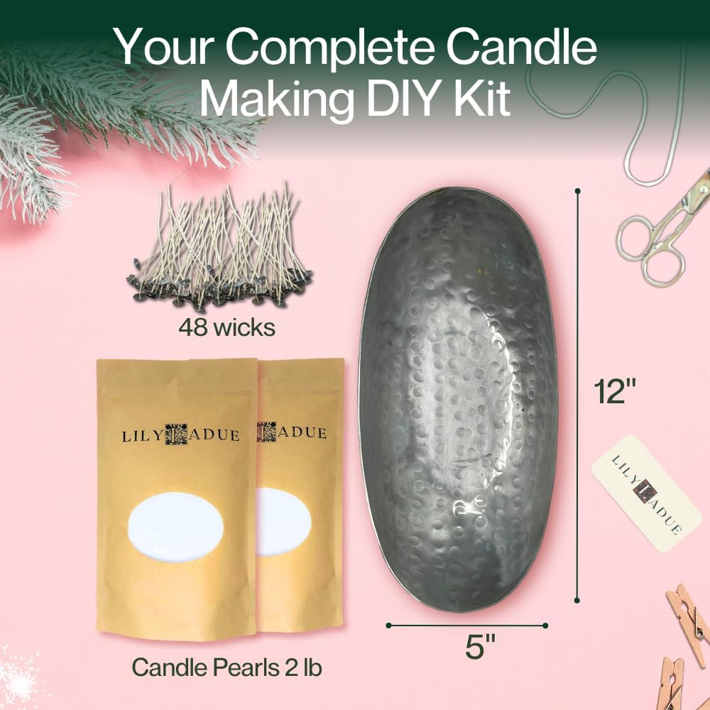 LILY LADUE Candle Refill Kit - 2Lb/32Oz Pearled Candles Sand and Wicks (48) and Hammered Silver Holder, Reusable Unique Sand Candles with Wicks for Candle Making, Bulk Unscented Pearl Wax Beads