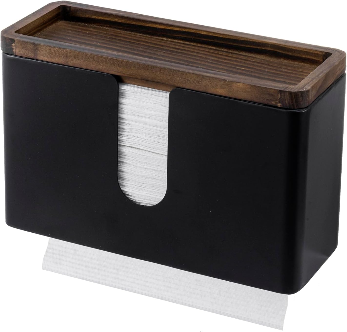 MyGift Deluxe Modern Matte Black Metal Folded Commercial Paper Towel Holder with Rustic Burnt Solid Wood Tray Lid, Wall Mounted Trifold Multifold Z Fold Disposable Napkin Dispenser