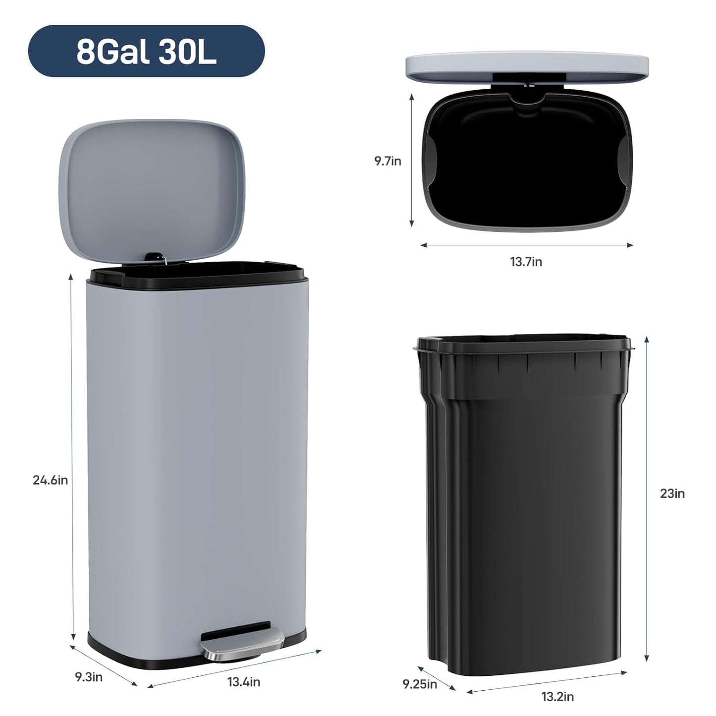 Arlopu 8/13.2 Gallon Step Trash Can, Stainless Steel Garbage Bin, Soft-Close Rubbish Bin with Removable Plastic Inner Bucket, Fingerprint-Proof, Lid Dustbin, Suit for Kitchen Home (Haze Blue, 30L)