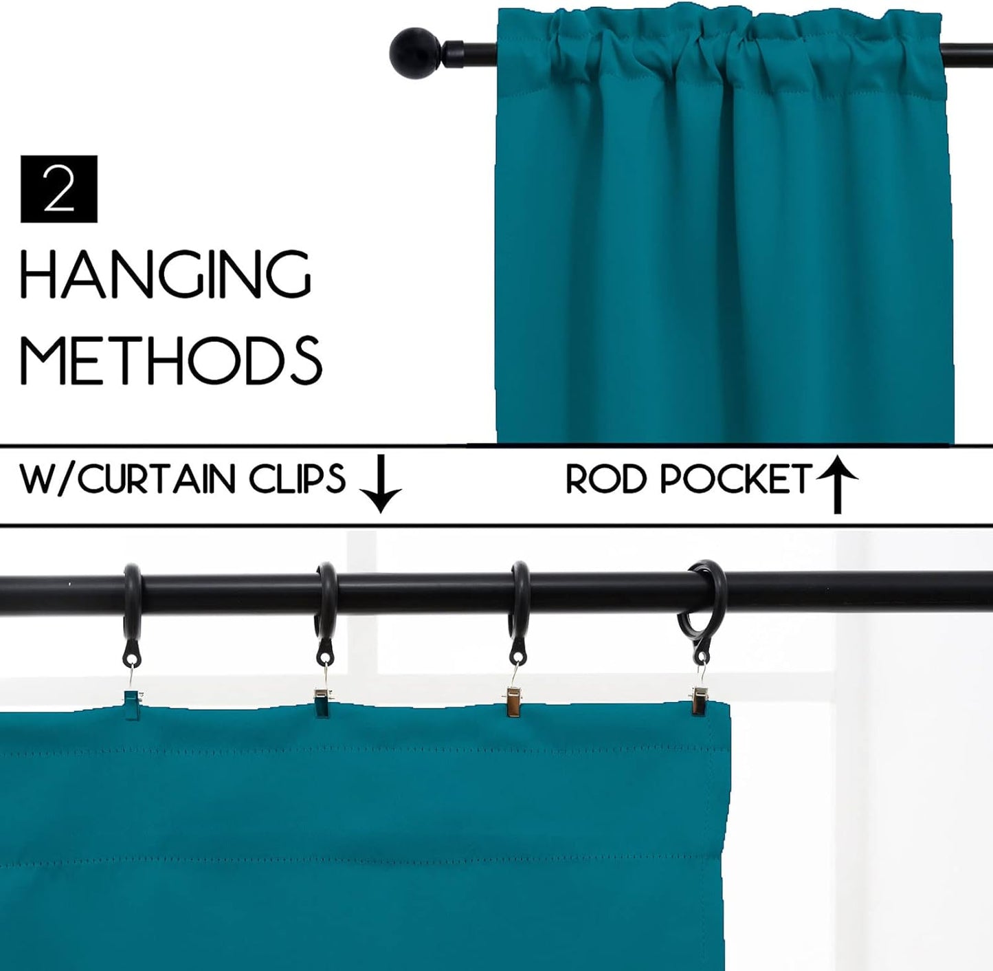 Pickluc Blackout Curtains 45 Inches Long 2 Panels, Room Darkening Tiers with Rod Pocket, Short Black Out Curtain for Small Window, 42" Wide and 45" Length, Set of Two, Teal.
