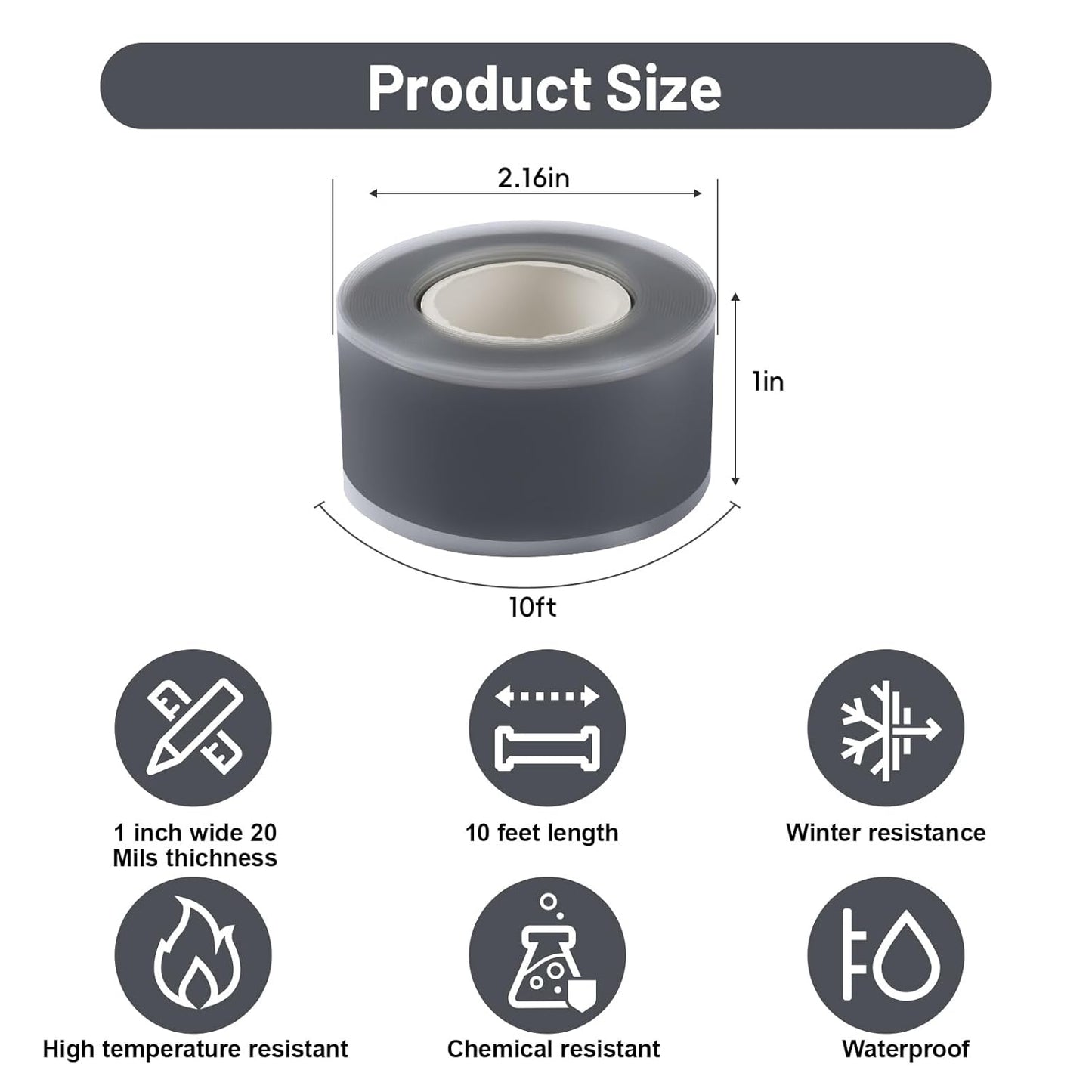 Self Fusing Silicone Tape 2 Rolls 1 in x 10' Grey Waterproof Rescue Tape Rubber Leak Silicone Self-amalgamating Tape for Plumbing, Sealing Pipes, Hose Repair, Outdoor Coax and Tool Fixation