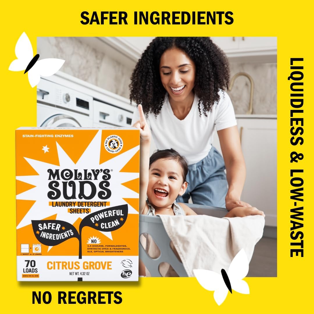 Molly’s Suds Laundry Detergent Sheets | Gentle on Sensitive Skin, Powerful Bio-Based Enzymes, Stain-Fighting | Liquidless & Plastic-Free Packaging | 70 Loads (Citrus Grove)