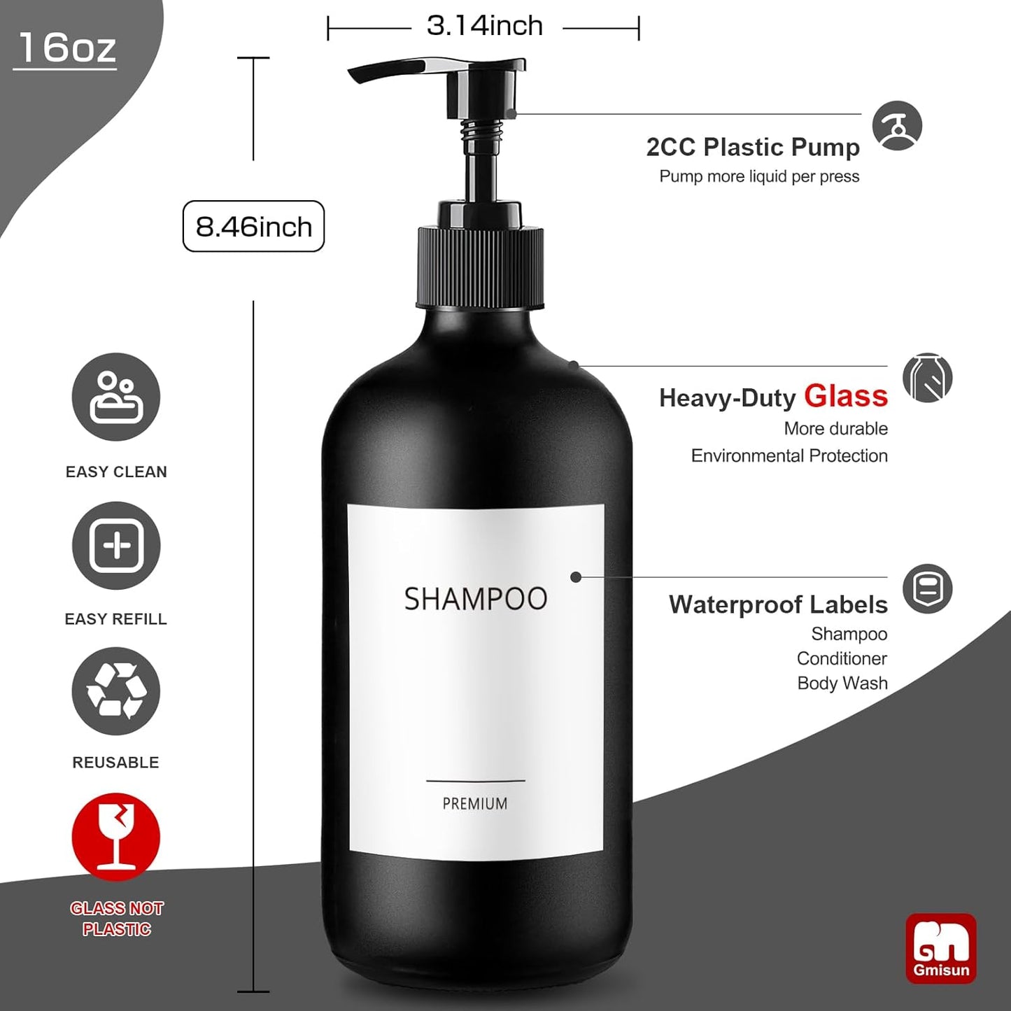 GMISUN Black Shampoo and Conditioner Dispenser, Shower Soap Dispenser Bottles with Labels, Refillable Shampoo Conditioner Body Wash Dispensers, Glass Soap Pump Dispenser Set for Bathroom Shower