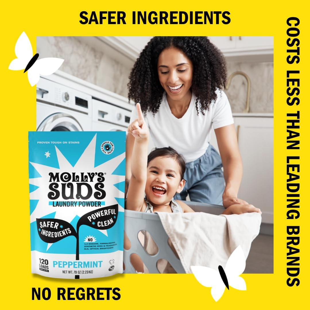 Molly's Suds Original Laundry Detergent Powder | Clean Laundry Detergent Powder for Sensitive Skin | Simple, Effective Ingredients, Stain Fighting | 70 Loads (Peppermint)