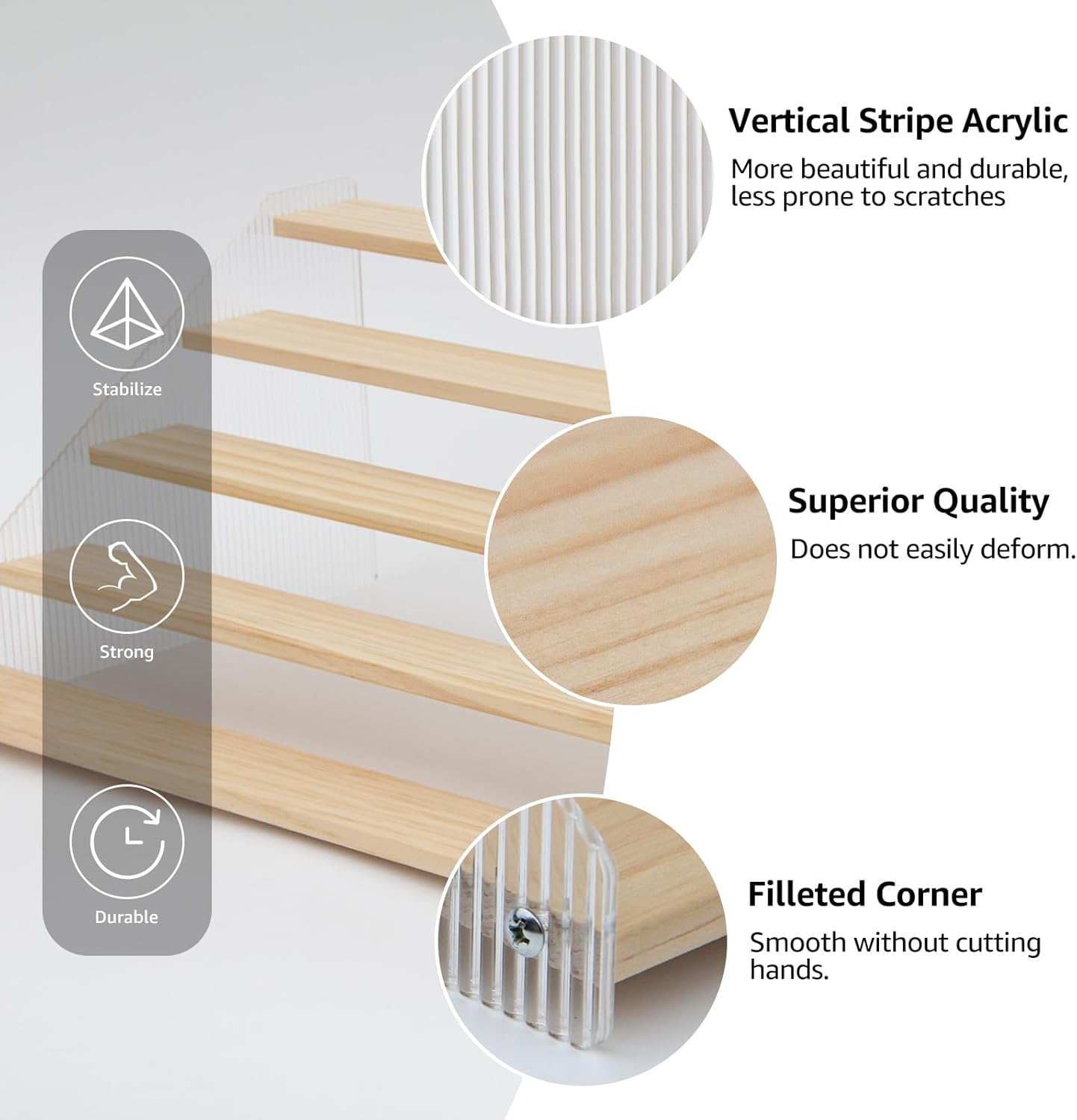 nianfeng Tiered Spice Rack, 5-Tier Spice Pantry Kitchen Cabinet Organizer, 16-Inch, Natural Wood Acrylic Stair Riser Stand, Countertop Seasoning Shelf