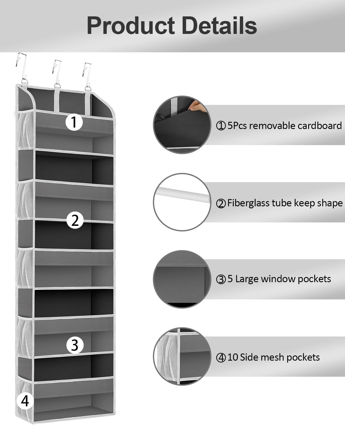 2 Pack Over The Door Storage Organizer with 5 Pockets 10 Mesh Side Pockets, 44 lbs Weight Capacity Door Hanging Organizers and Storage for Bedroom,Bathroom,Nursery,Pantry,Dorm(Dark Gray)