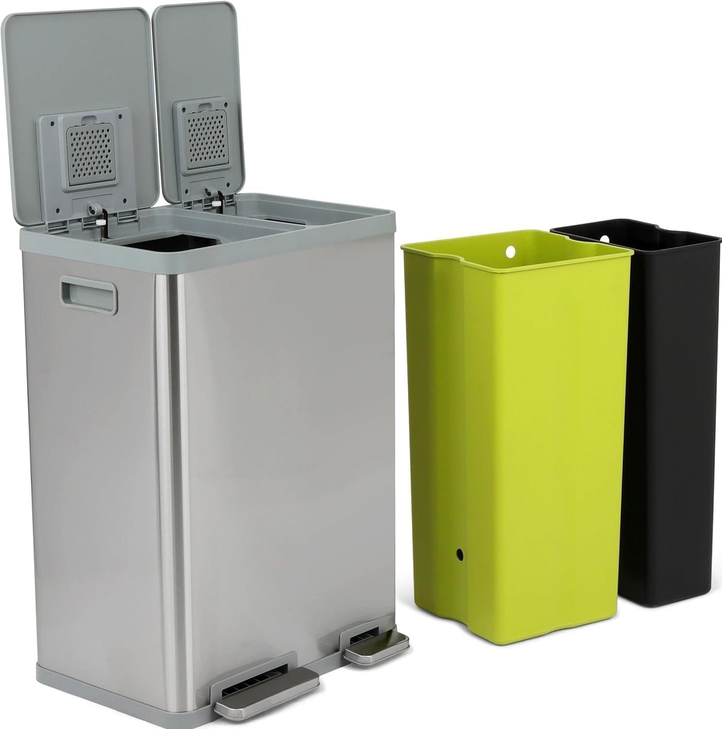 Simpli-Magic 60 Liter / 16 Gallon Rectangular Hands-Free Dual Compartment Recycling Kitchen Step Trash Can with Soft-Close Lid, Brushed Stainless Steel (38L x 22L Capacity)