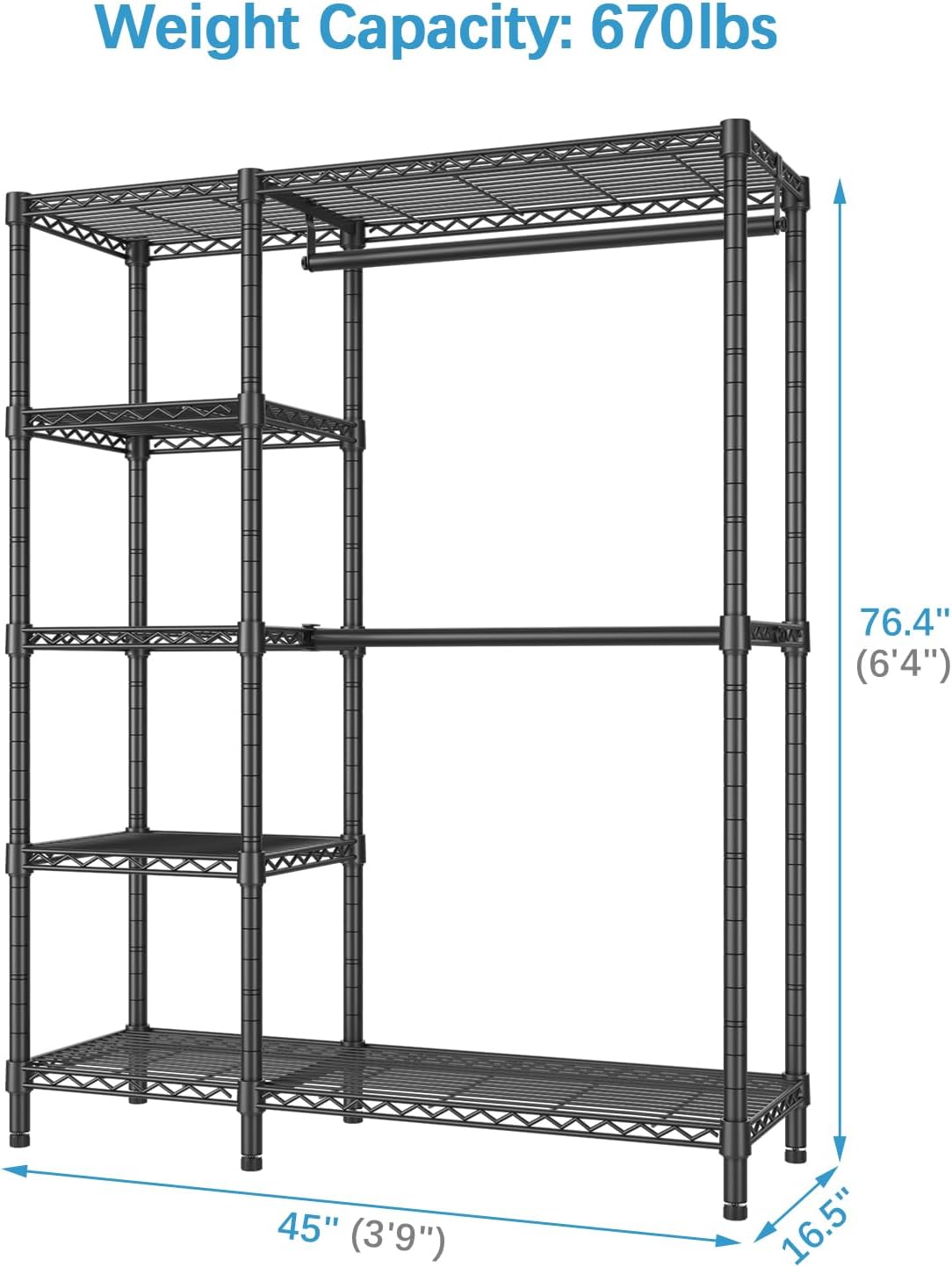 VIPEK V7 Garment Rack for Hanging Clothes Heavy Duty Clothes Rack with Shelves, Portable Closet Racks Metal Clothing Racks 5 Tiers Freestanding Closet Wardrobe System, Max Load 670lbs, Black