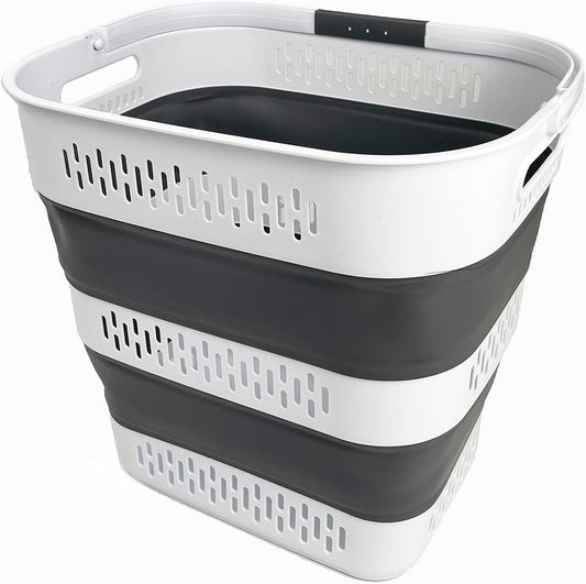 SAMMART 40L (10.5 Gallon) Collapsible Plastic Laundry Basket with Handles - Foldable Pop Up Storage Container/Organizer - Portable Laundry Hamper - Space Saving (1, White/Steel Grey)