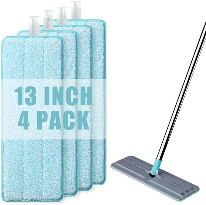 JOYMOOP Microfiber Mop Pads Replacement for JOYMOOP Flat Mop Bucket Set, Pack of 4 Refills 13-inch - Grey & Cyan Blue